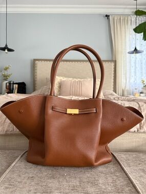 DeMellier Cognac Pebble Leather Tote with Gold Lock